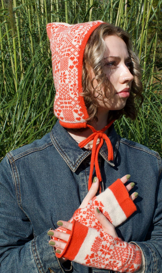 Knitted Bonnet - Laurel Leaf Pixie Hood in Orange