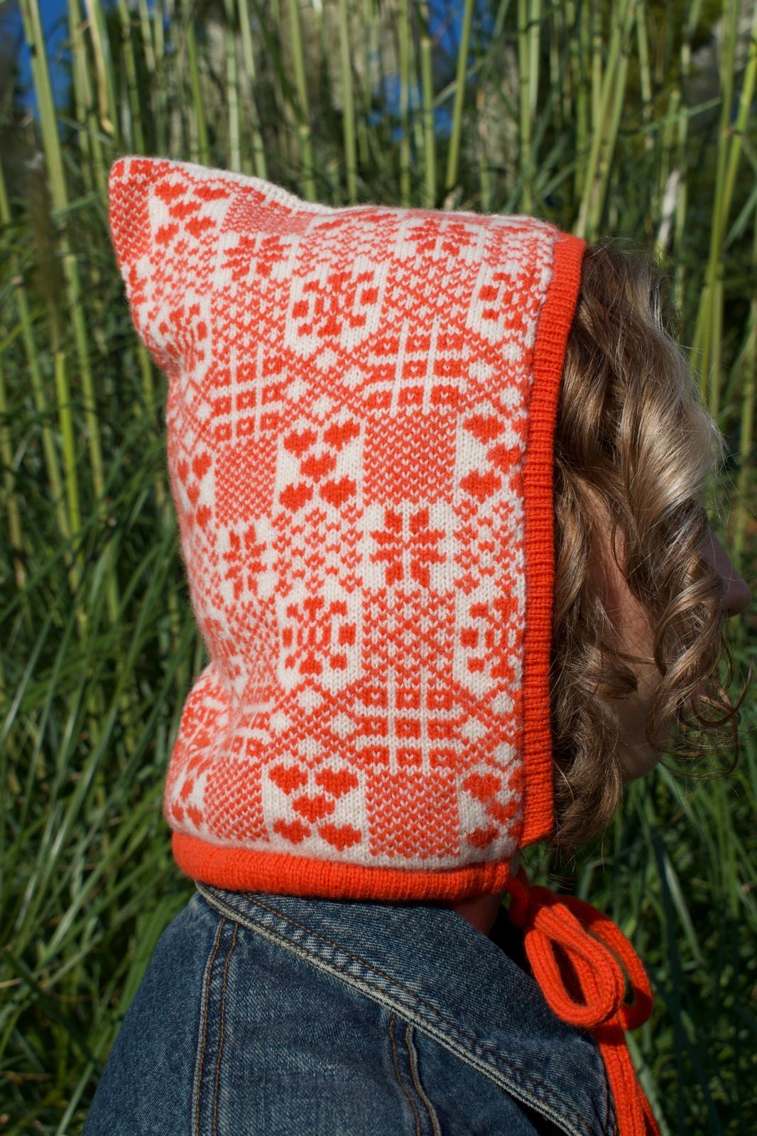 Knitted Bonnet - Laurel Leaf Pixie Hood in Orange