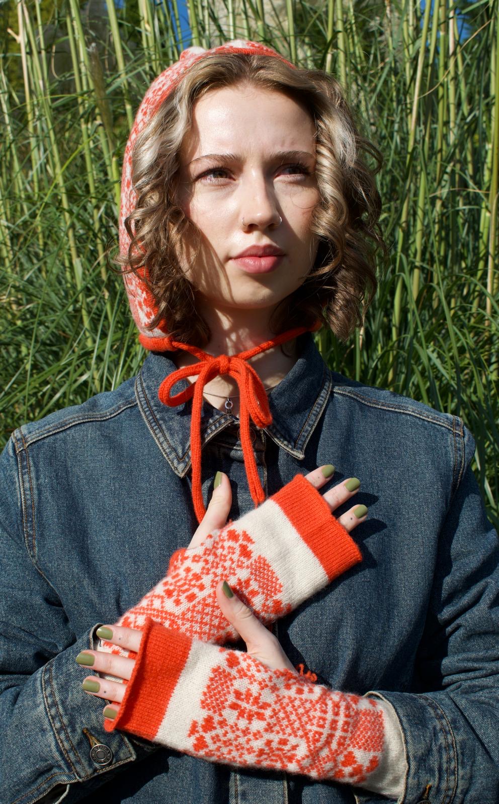 Knitted Bonnet - Laurel Leaf Pixie Hood in Orange